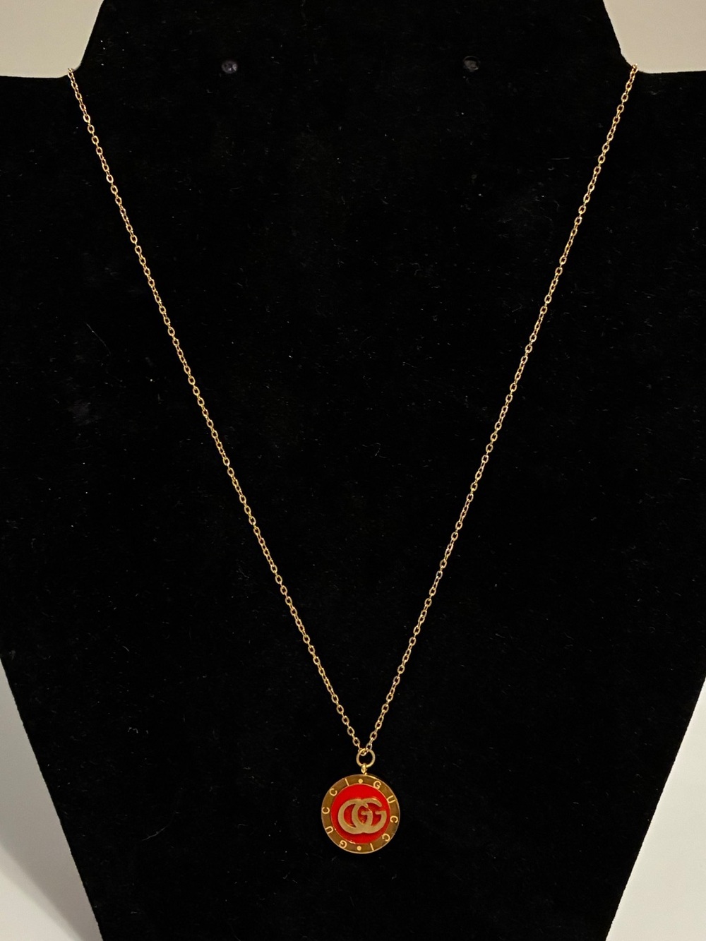 Vintage Gold Chain Necklace with Red Enamel Circle Disc Charm